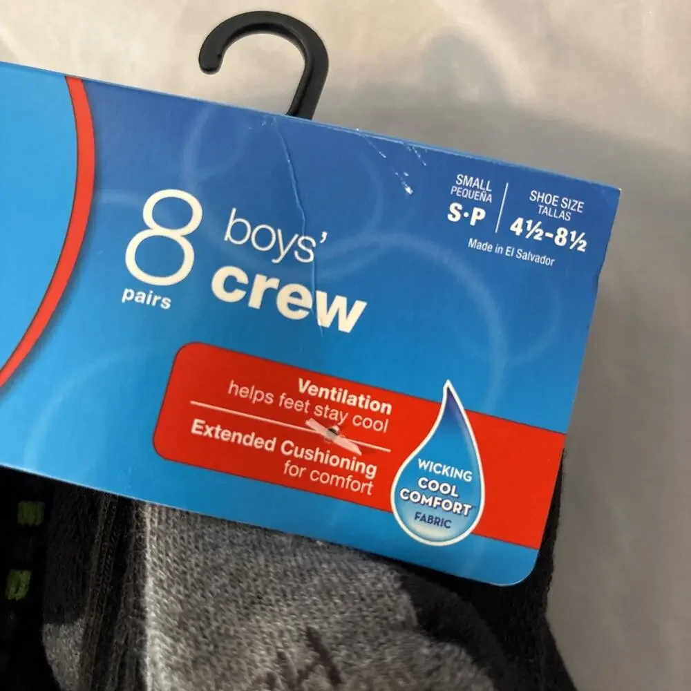 Hanes Boys 8 Pairs Premium Crew Athletic Socks Wicking, Size S 4.5- 8.5
